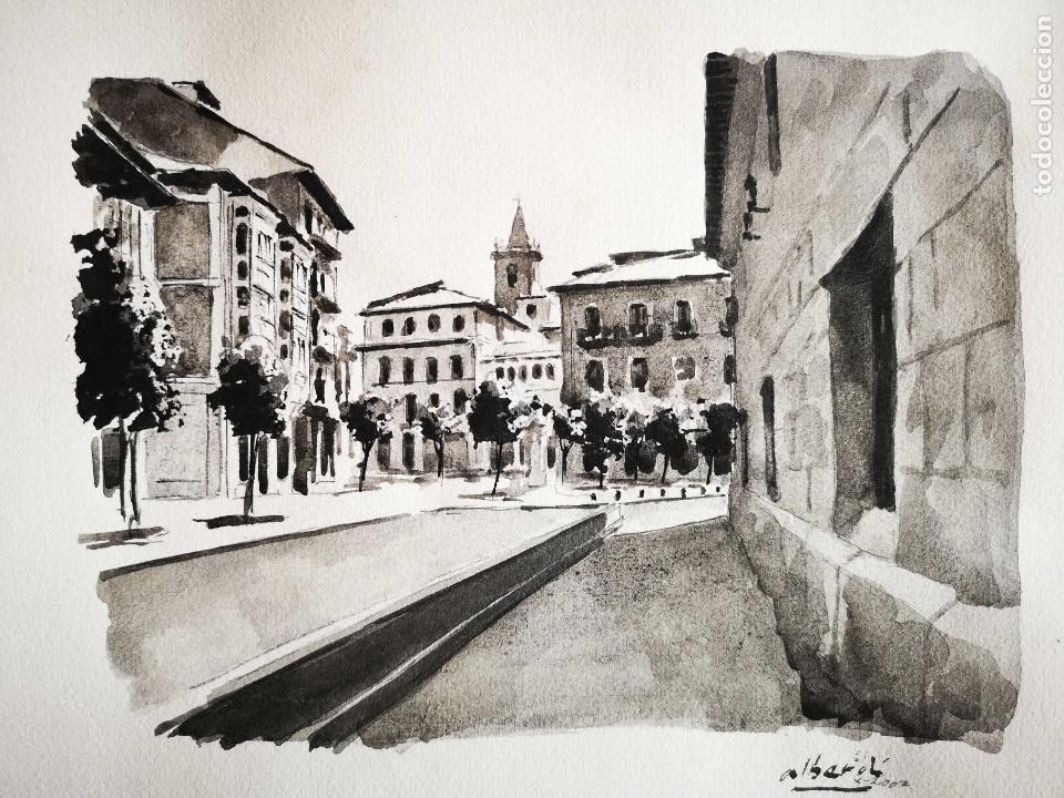 Kunst: Acuarela calle Ram&oacute;n y Cajal Plaza del Riego de Oviedo por Alberdi