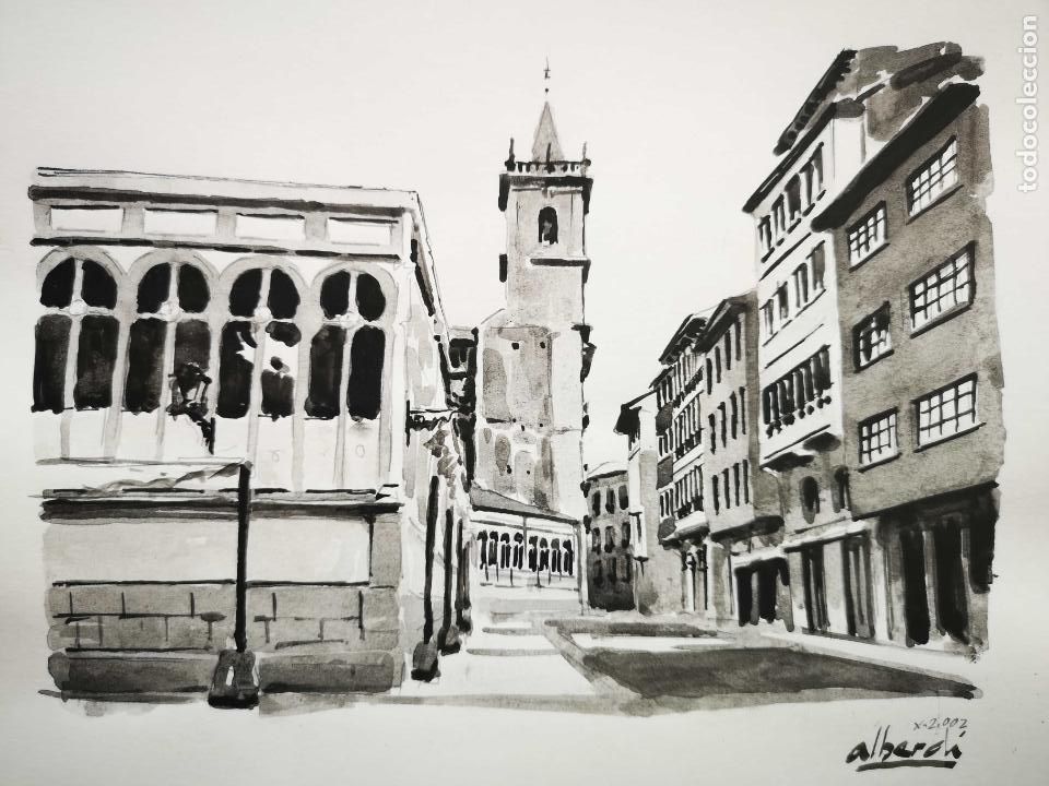 Arte: Acuarela Mercado Font&aacute;n Iglesia San Isidoro de Oviedo por Alberdi