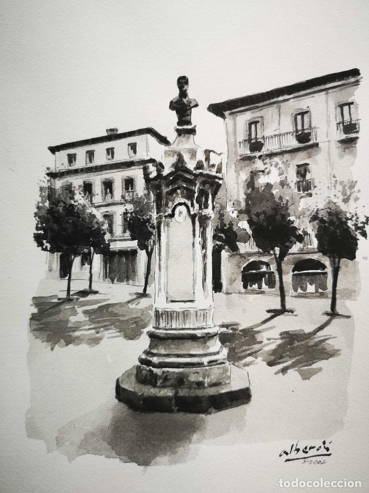 Art: Acuarela Estatua Rafael del Riego en su plaza de Oviedo por Alberdi