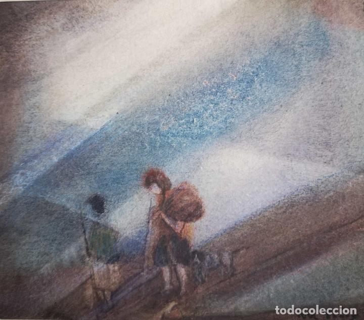 Art: Preciosa mini Acuarela campesinas y perro por Manuel P&eacute;rez ( Asturias)