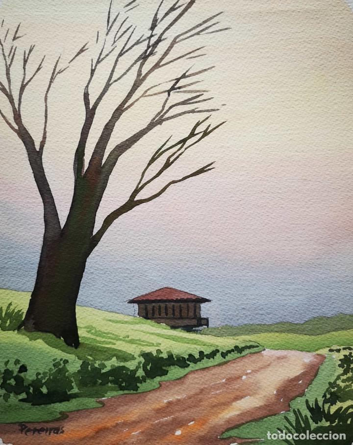 Art: Acuarela &aacute;rbol y horreo en paisaje de Asturias por Fresno Pereiras