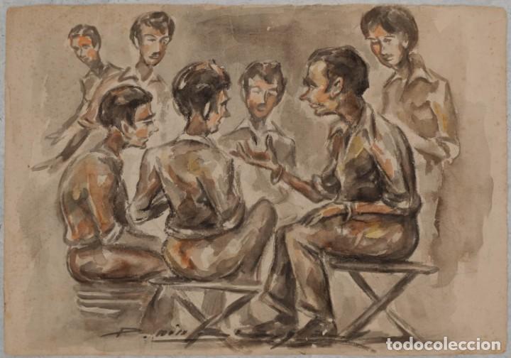 Kunst: Acuarela firmada y dedicada al reverso, 1948. Hombres conversando.