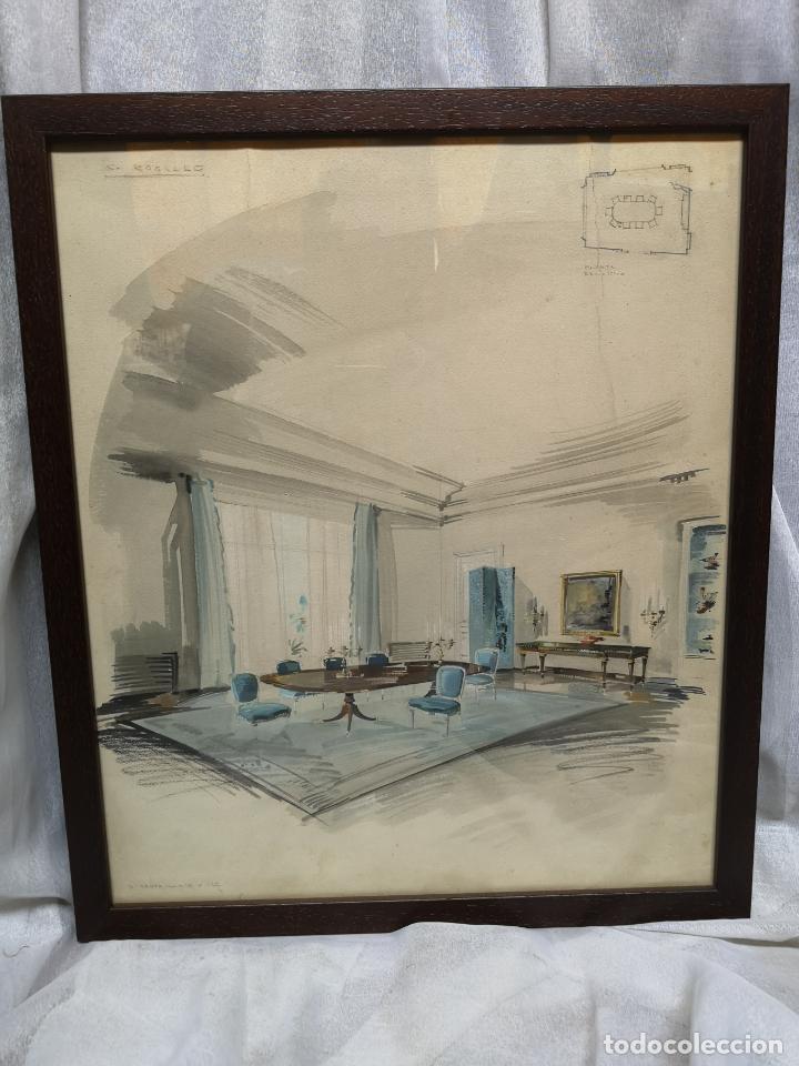 Arte: Cuadro acuarela dise&ntilde;o mobiliario sal&oacute;n a&ntilde;os 50