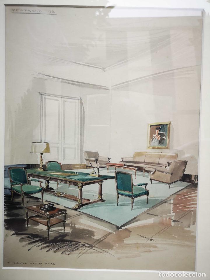 Arte: Cuadro acuarela dise&ntilde;o mobiliario despacho a&ntilde;os 50-60