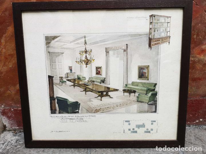 Arte: Cuadro acuarela dise&ntilde;o mobiliario sala de espera Delegaci&oacute;n Obras Publicas a&ntilde;os 50