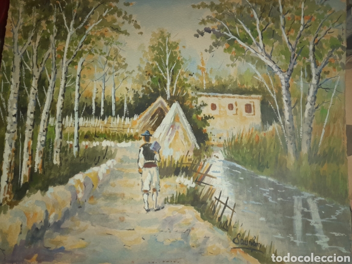 Kunst: PRECIOSA ACUARELA PAPEL PAISAJE VALENCIANO BARRACAS CASAS CAMPO RIO FIRMADO SAUN&Aacute;N ? SAUMAN ?