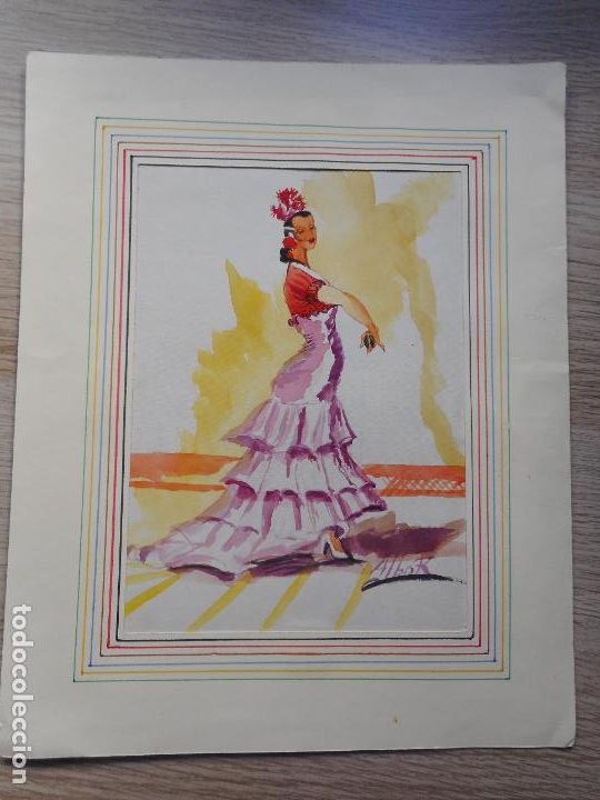 Kunst: ANTIGUA ACUARELA SE&Ntilde;ORA EL TRAJE FLAMENCO FIRMADA ALBOR SEVILLA??
