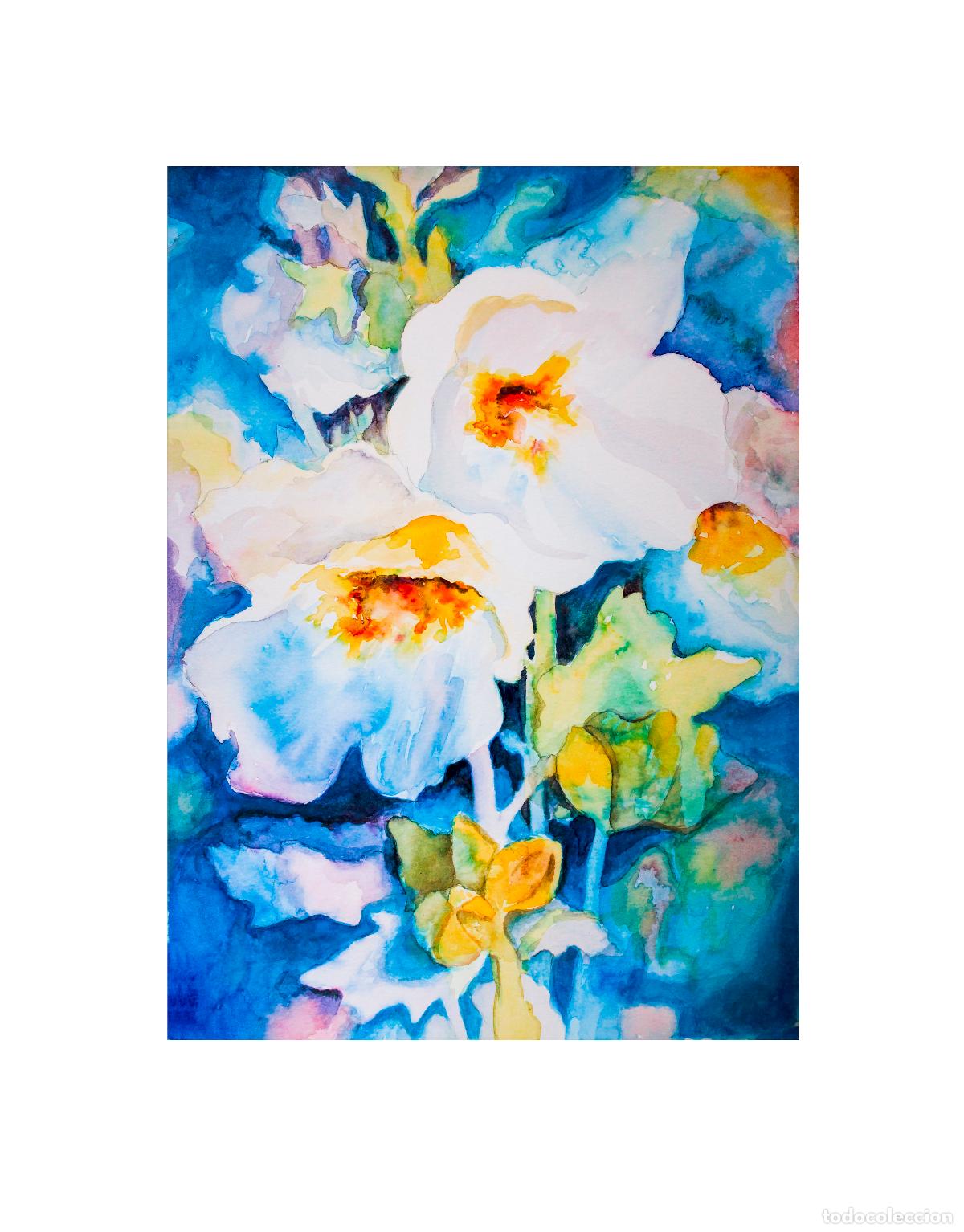 Kunst: Acuarela original con flores. Cuadro de flores. Flores pintadas con acuarela.