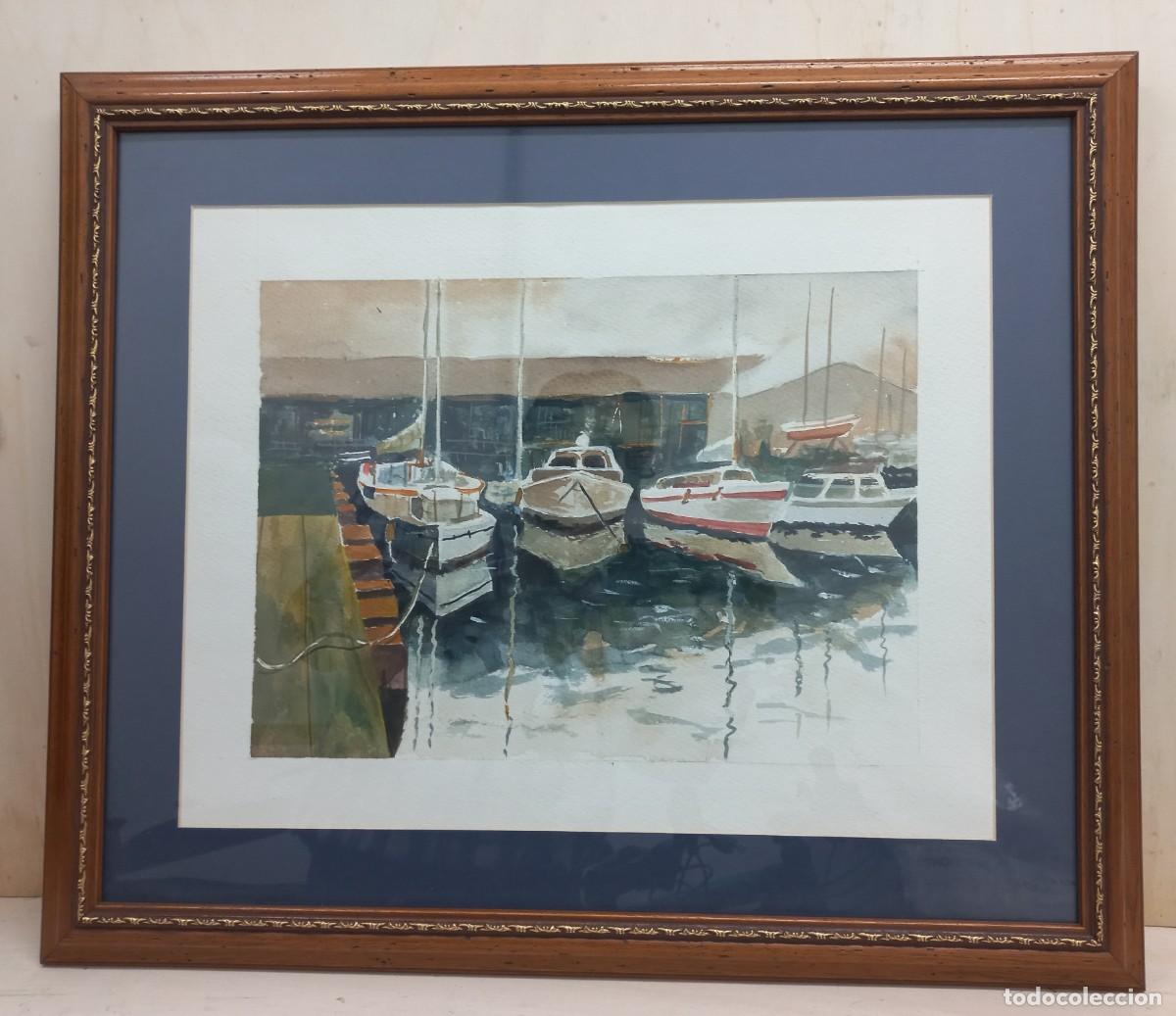 Arte: CUADRO ACUARELA BARCOS EN PUERTO - Foto 3