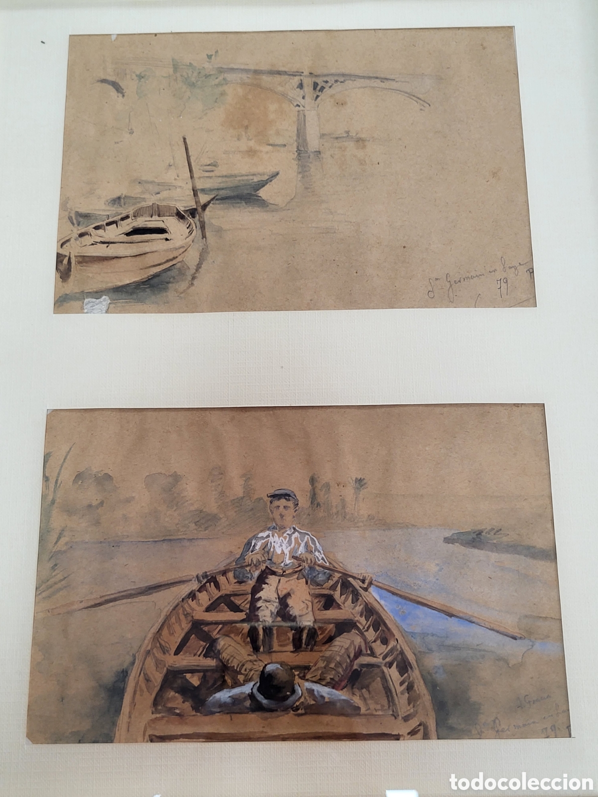 Art: PAREJA DE BONITOS DIBUJOS A LAPIZ Y ACUARELA. FIRMADOS . MEDIDAS CON MARCO 38&times;32 CM