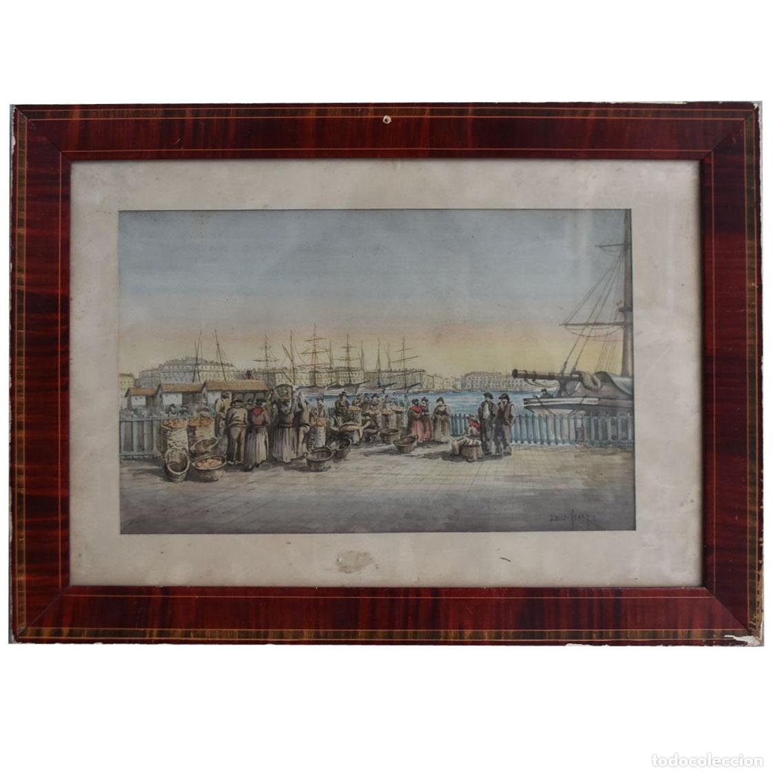 Kunst: Dessin aquarelle d'&Eacute;mile Henry Marseille le Vieux Port vers 1900