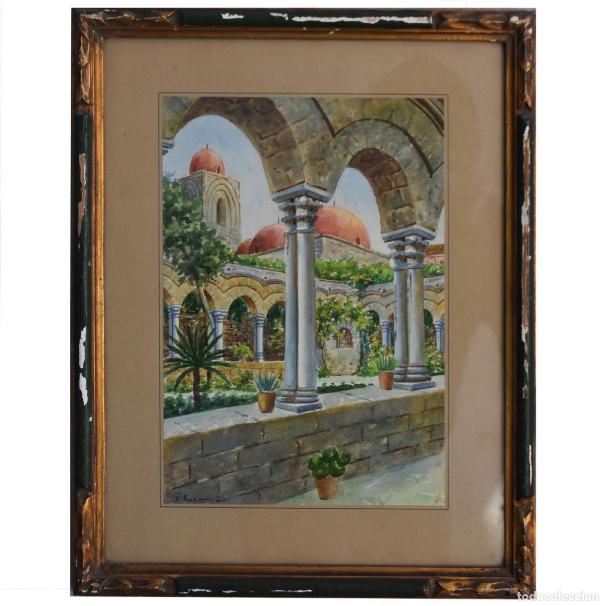 Arte: Dessin aquarelle orientaliste jardin exotique par V. Larain?