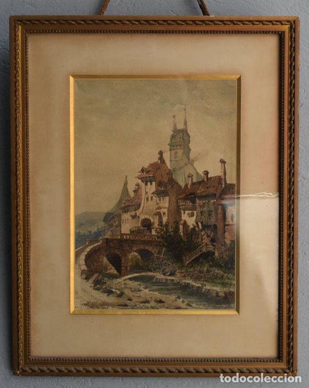 Arte: Dessin aquarelle Ch&acirc;teau bord de rivi&egrave;re dat&eacute;e 1885 sign&eacute;
