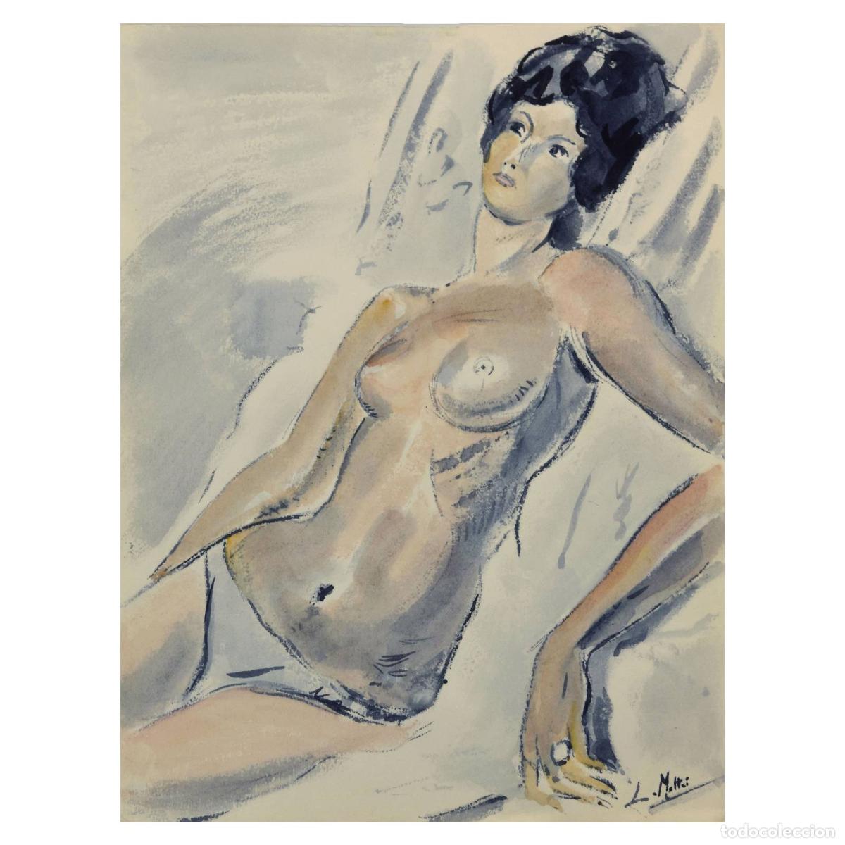 Arte: Nu &eacute;cole Fran&ccedil;aise &agrave; l'aquarelle par L. Mattei &eacute;poque 1920/1950