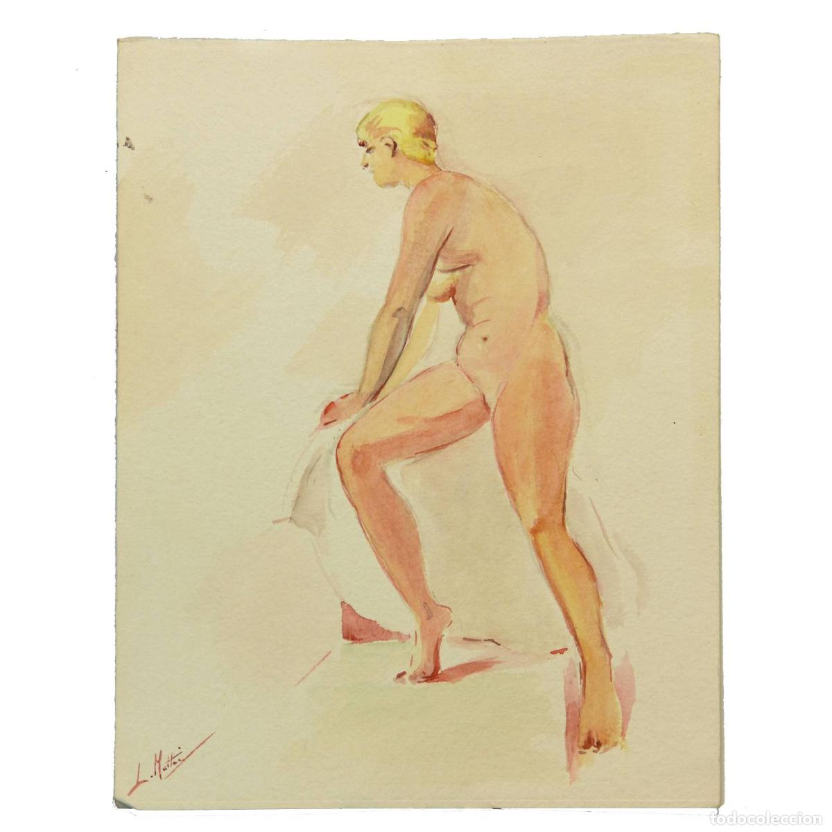 Arte: Nu &eacute;cole Fran&ccedil;aise &agrave; l'aquarelle par L. Mattei &eacute;poque 1920/1950
