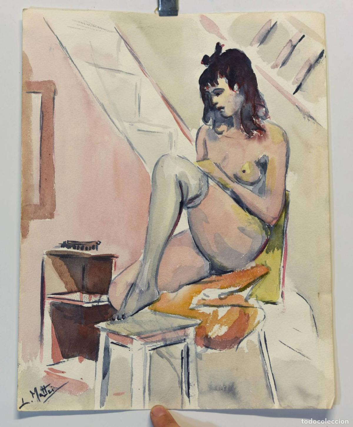 Arte: Nu &eacute;cole Fran&ccedil;aise &agrave; l'aquarelle par L. Mattei &eacute;poque 1920/1950