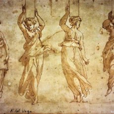 Arte: 4 CARIÁTIDES. DIBUJO-ACUARELA. FIRMADO P DEL VAGA. SIGLO XVI-XVII