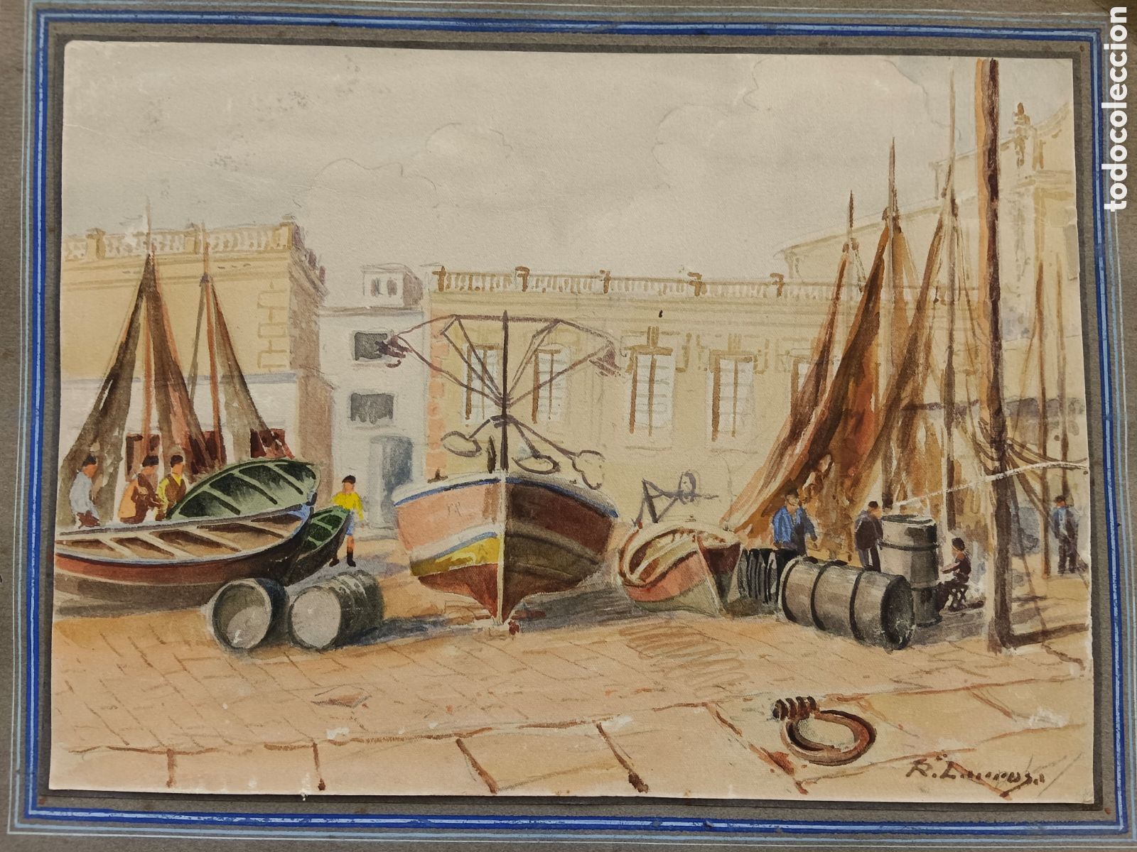 Arte: Ram&oacute;n Larrosa Claramunt, acuarela, &rdquo;Barceloneta&rdquo; firmado abajo derecha