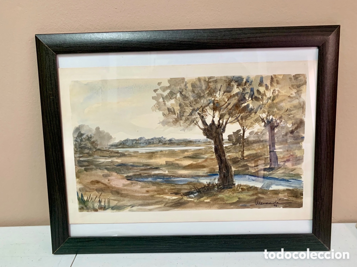 Art: Jaume Mercad&eacute; Verg&eacute;s 1922-2017, paisaje rural con lago, 40x25 obra y 45x35 con marco