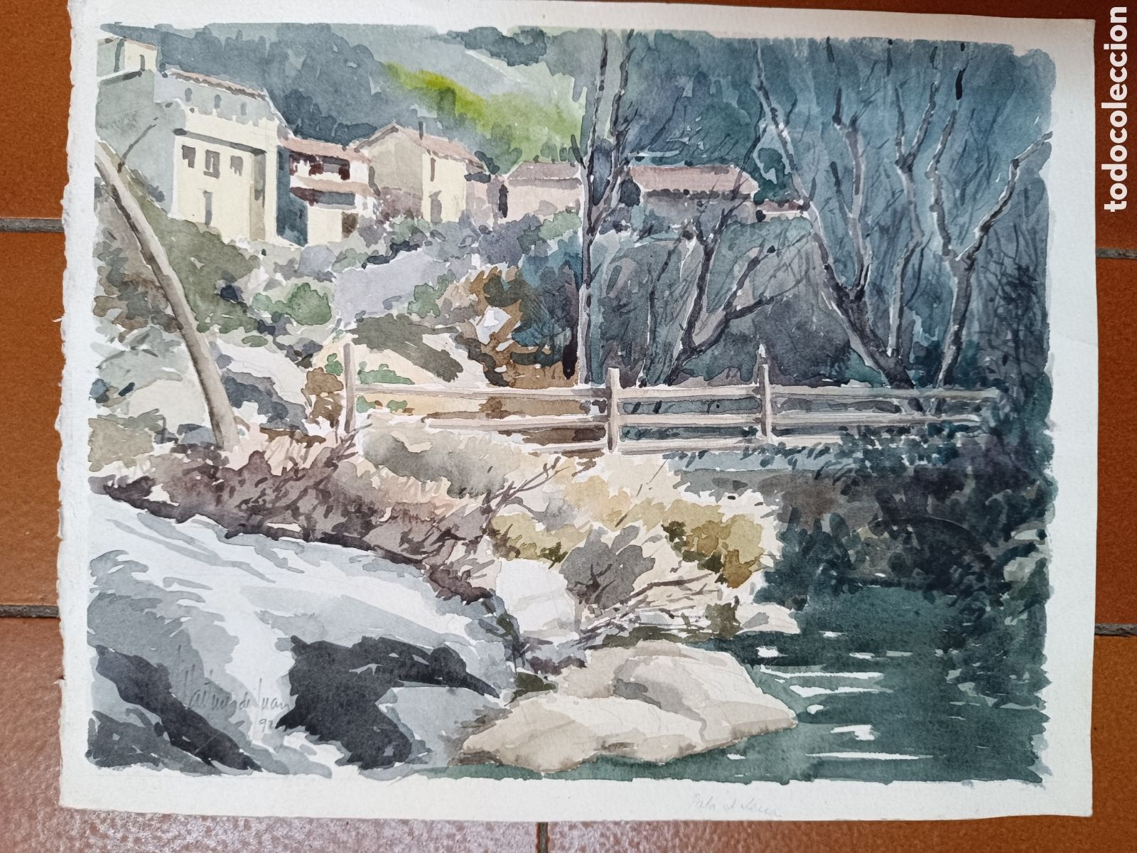 Art: Acuarela paisaje Pola de Lena por Mart&iacute;n De Juan 1992