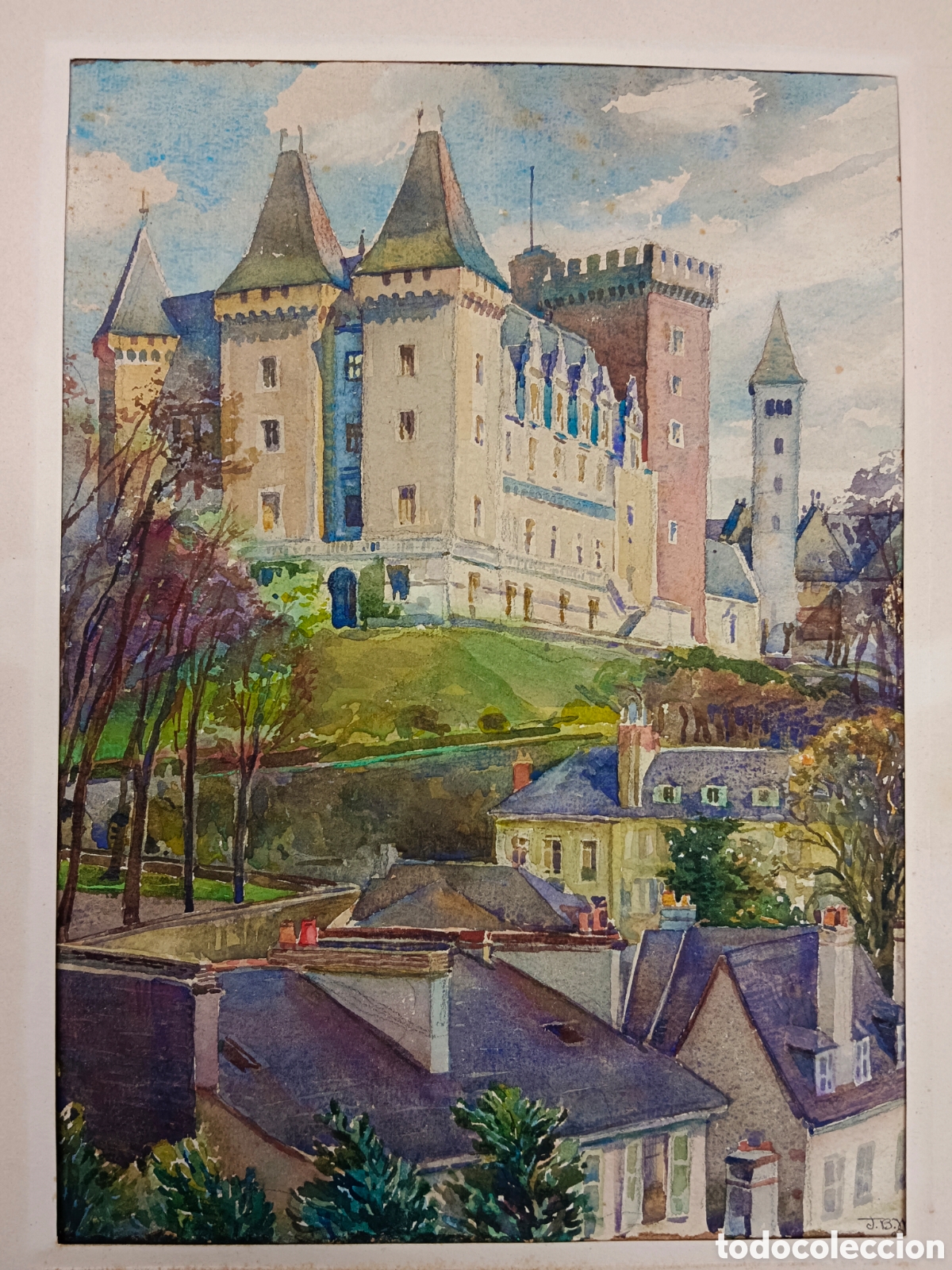 Art: J. B. W. Antigua acuarela firmada abajo derecha 1928.Castillo de Pau - Bearne - Pirineos Atl&aacute;nticos