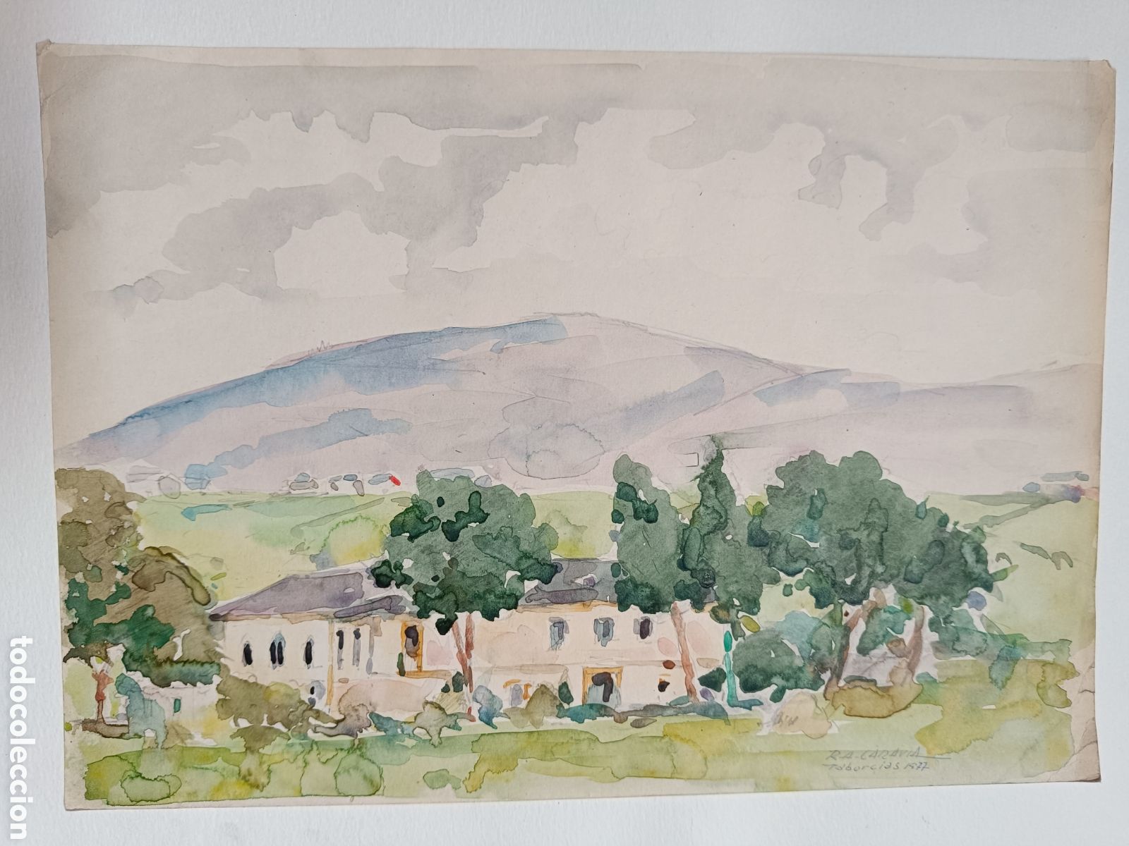 Arte: Acuarela paisaje de Taborcias(Vald&eacute;s) en Asturias por Ruperto &Aacute;lvarez Caravia 1977