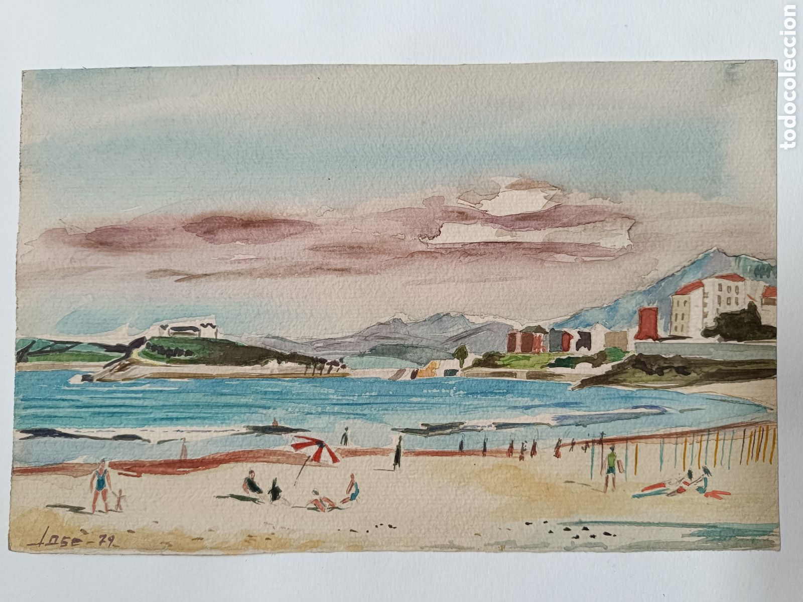 Arte: Preciosa acuarela paisaje playa 1979