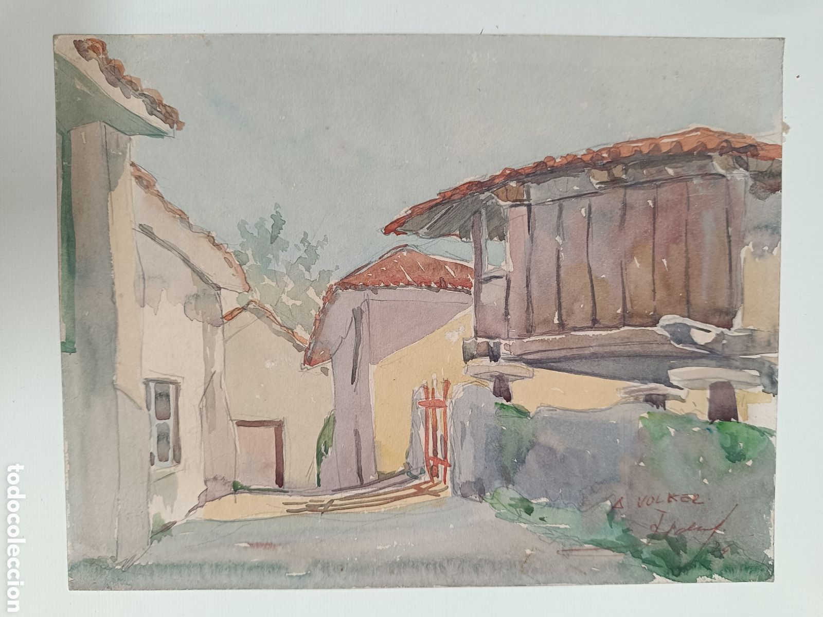 Arte: Acuarela paisaje Asturias horreo 1974