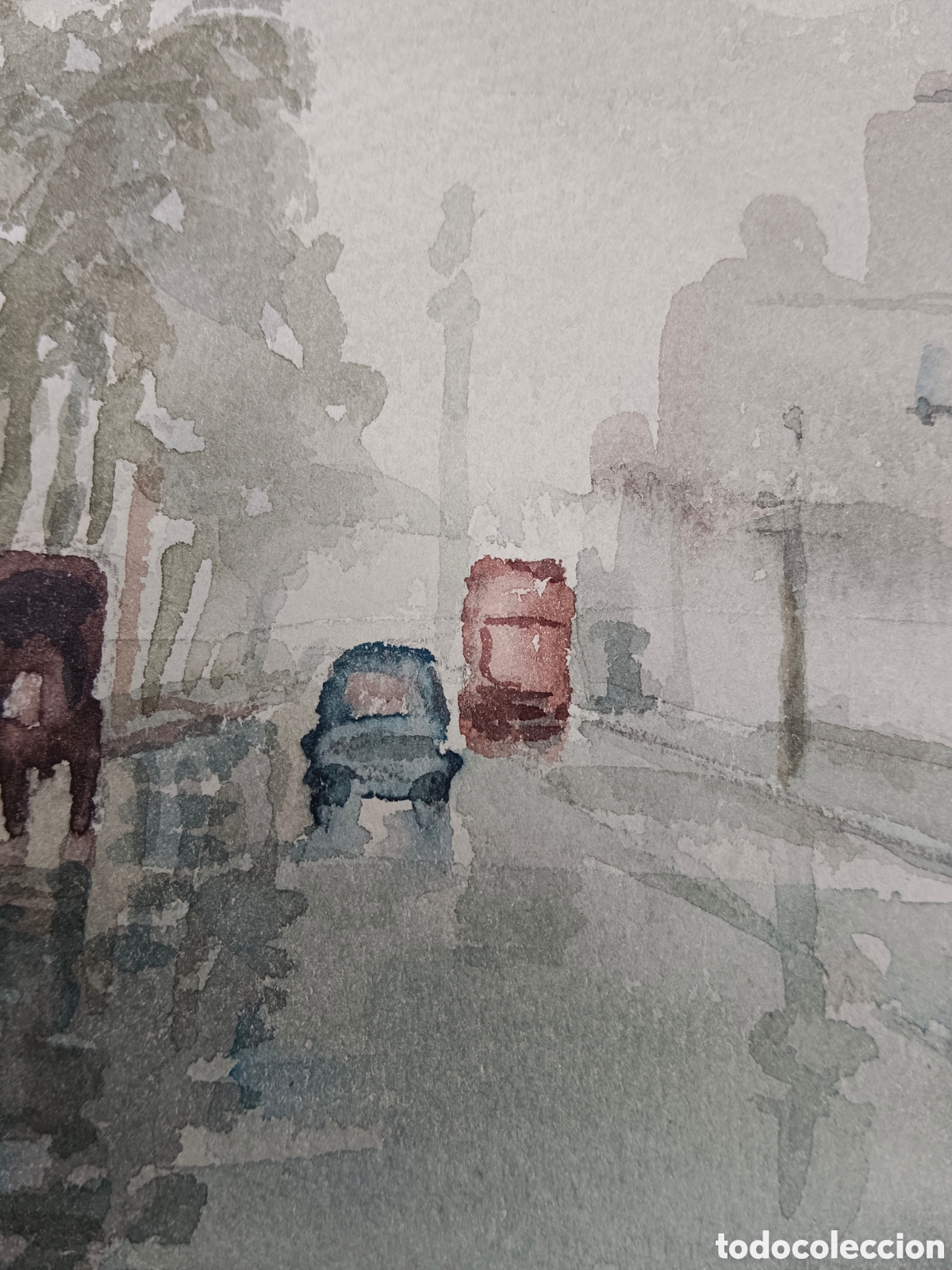 Arte: Juli&aacute;n Le&oacute;n, acuarela, &rdquo; lluvia en el paseo Col&oacute;n, Barcelona