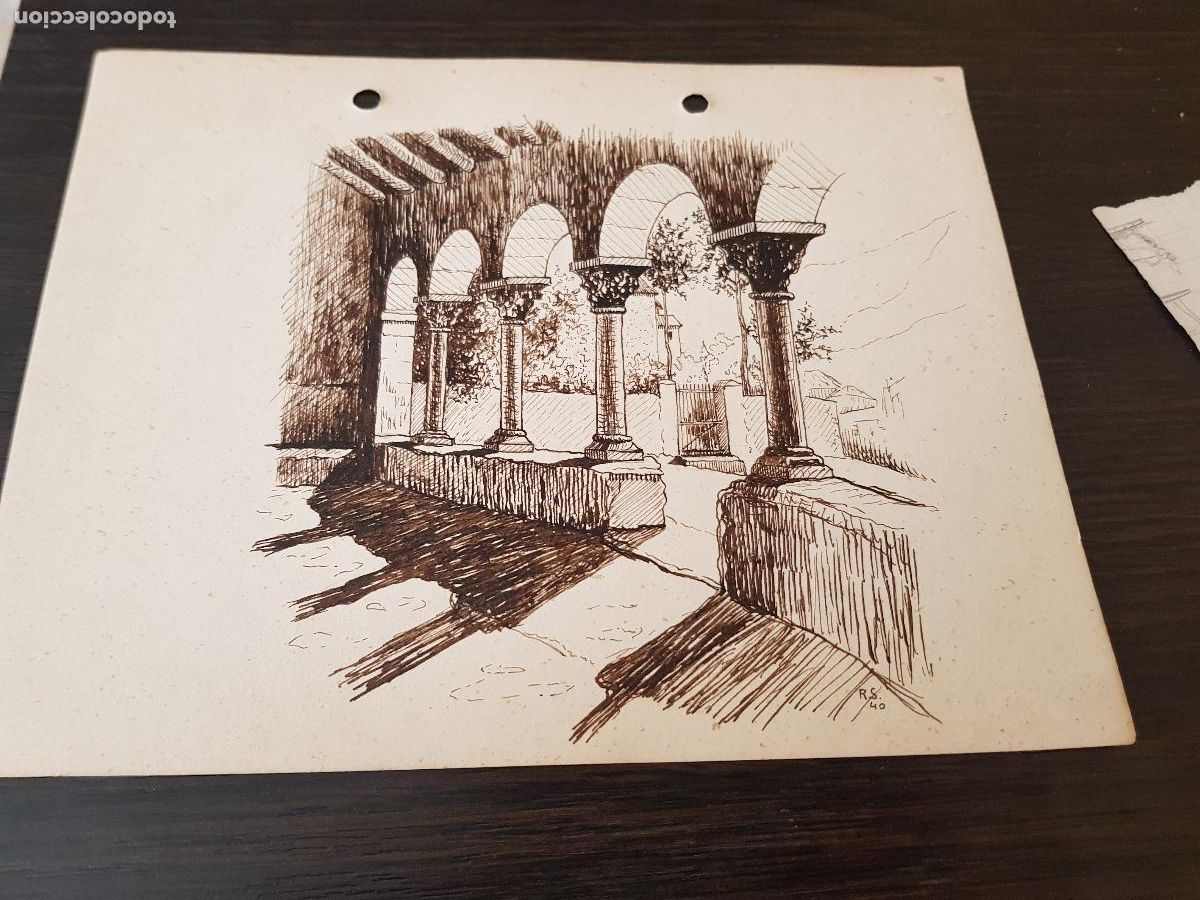 Kunst: DIBUJO A PLUMILLA CLAUSTRO FIRMADO R. SUAREZ 1940