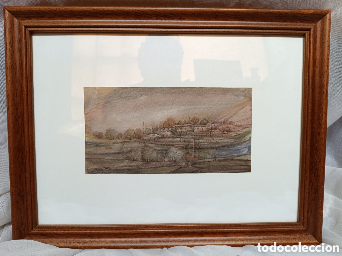 Art: Cuadro Acuarela paisaje pueblo de Asturias al atardecer por Manuel P&eacute;rez