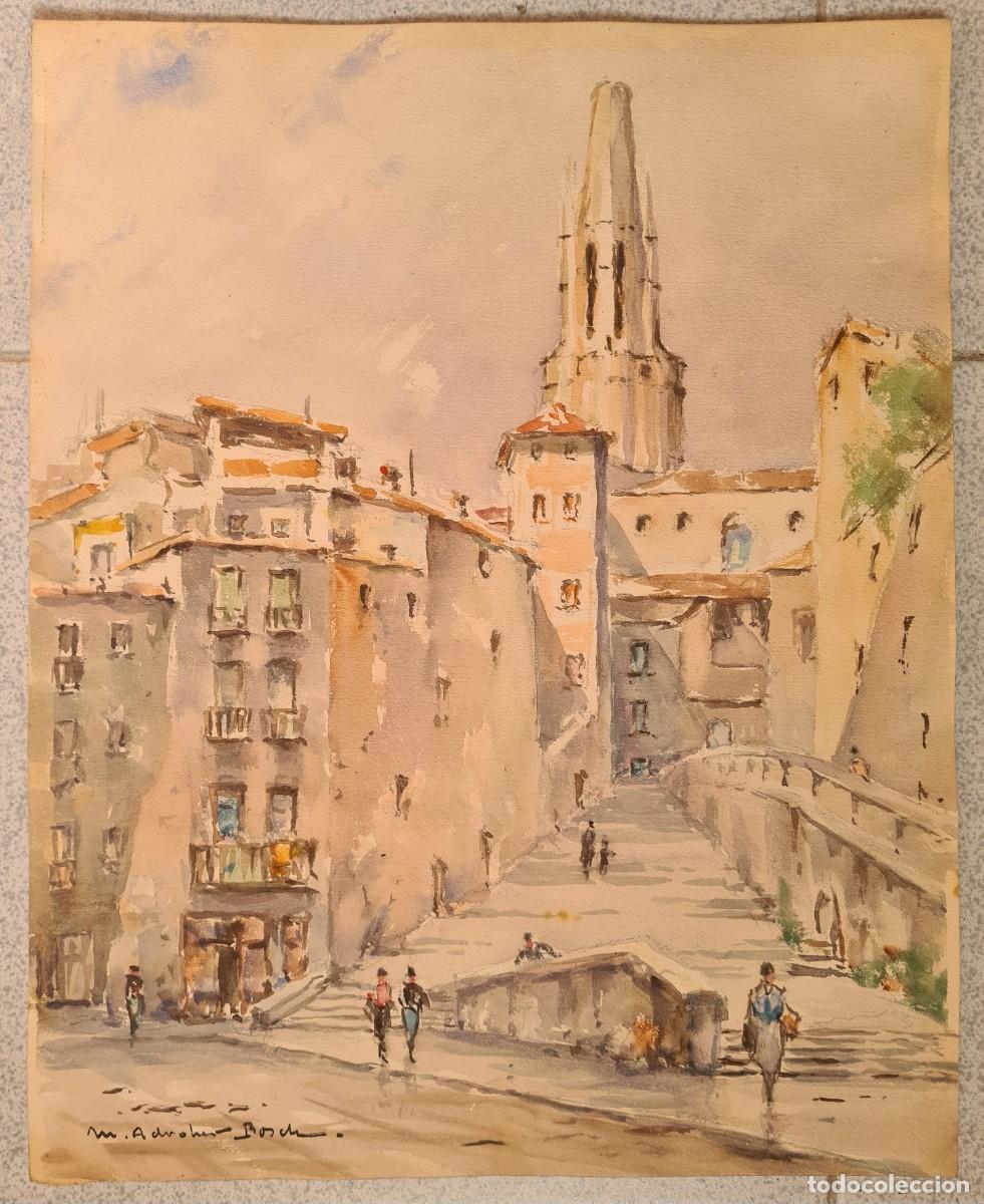 Arte: Antigua Acuarela Gerona Subida San F&eacute;lix Firma M. Adroher Bosch Girona Esgl&eacute;sia Sant Feliu Decoraci&oacute;