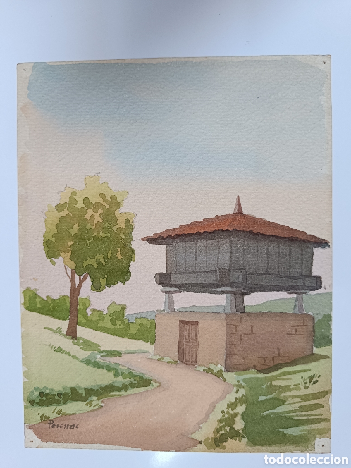 Kunst: Acuarela horreo en paisaje de Asturias por Fresno Pereiras