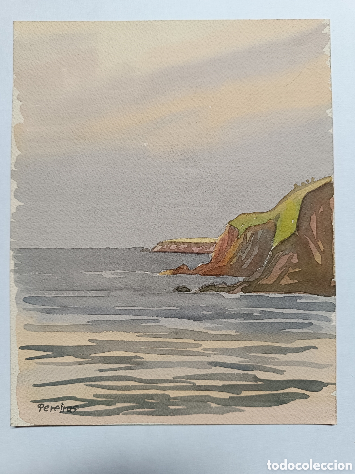 Arte: Acuarela acantilado en playa de Asturias por Fresno Pereiras