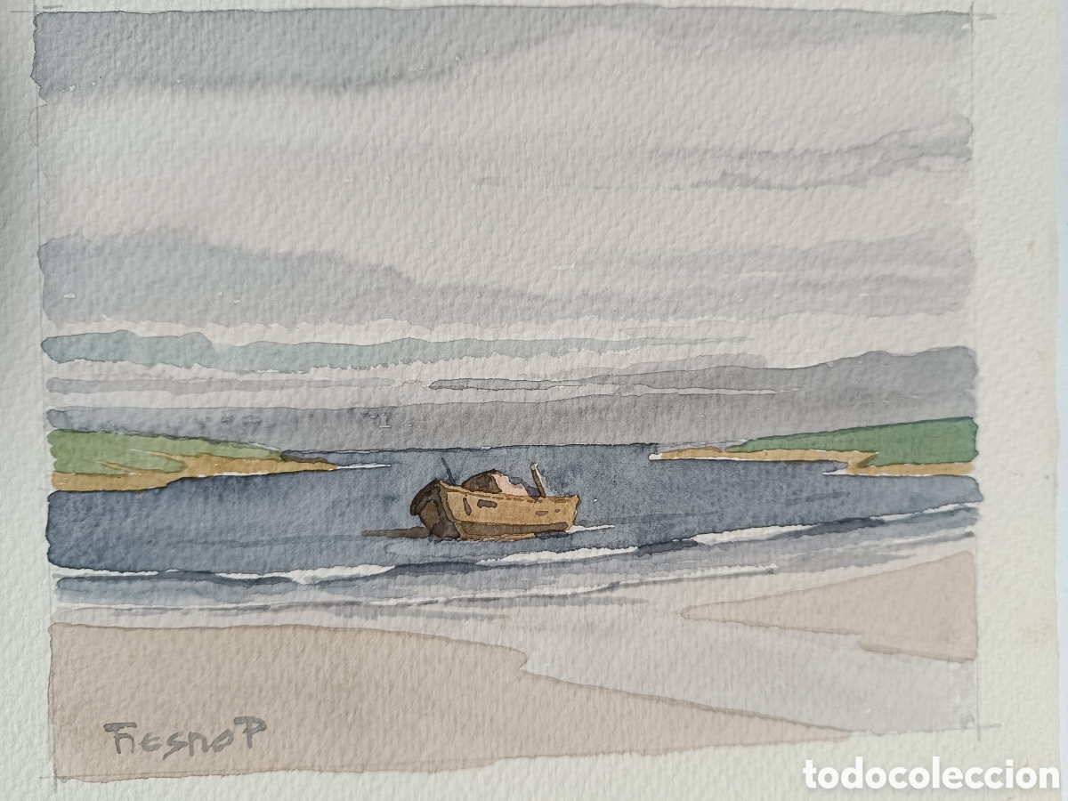Arte: Acuarela marina barco en r&iacute;a asturiana por Fresno Pereiras