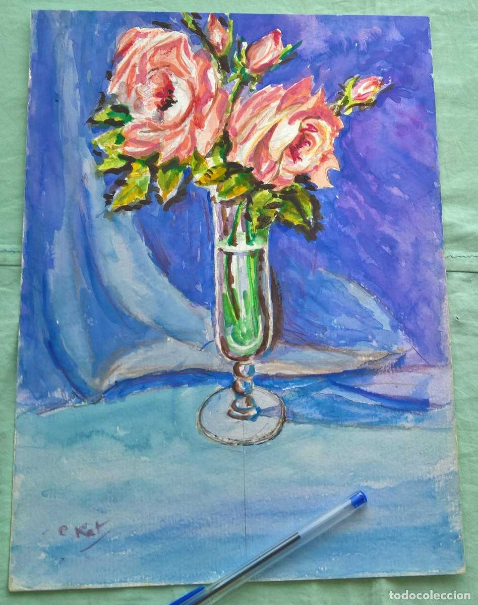 Arte: Acuarela ,Flores en Jarro Cristal,Azules..22 x 31,50 ctms