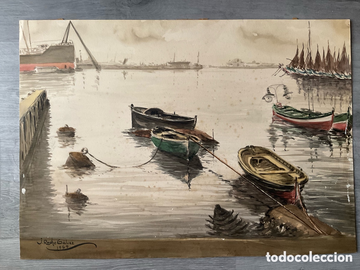 Arte: Acuarela Roche Galvez , barcas en el puerto