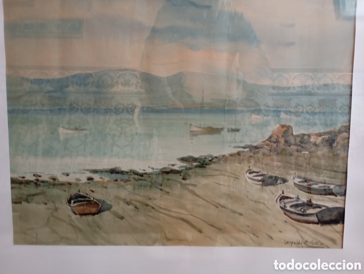 Arte: Pintura gallega acuarela Marina del reconocido pintor Leopoldo Fern&aacute;ndez VARELA (1929-2007)
