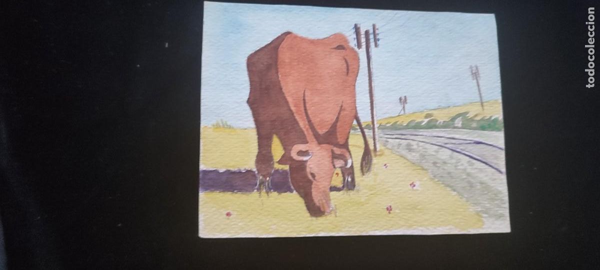 Art: Bonita acuarela titulada Vaca pastando junto a las v&iacute;as del tren