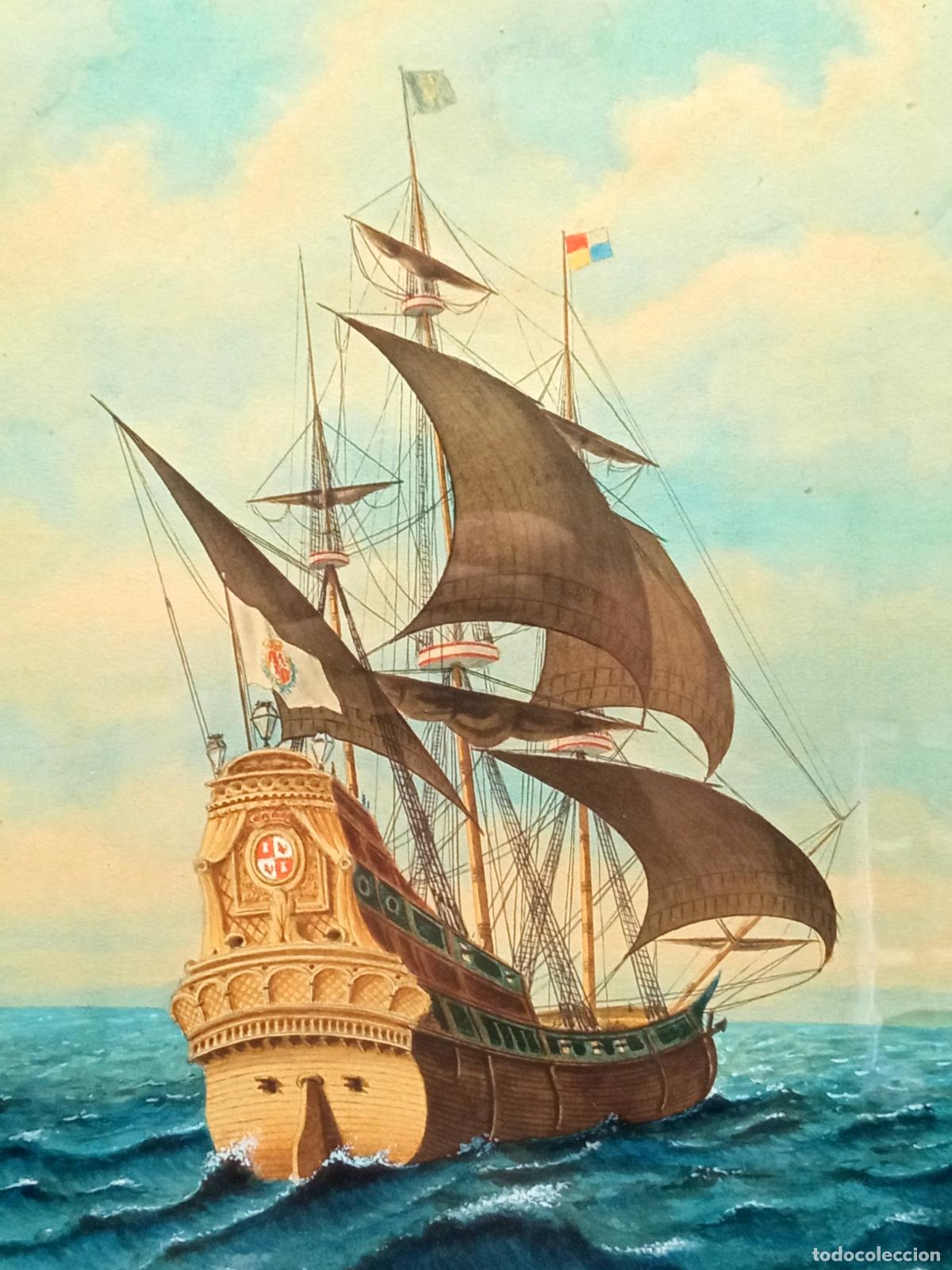 Art: MAGNIFICA ACUARELA S.XIX - GALEON ARMADA ESPA&Ntilde;OLA - VISTA DE POPA - FIRMADA