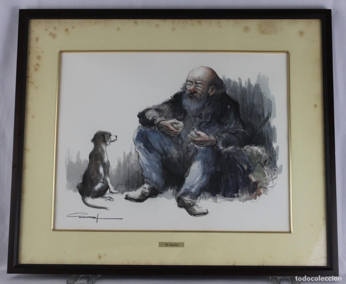 Arte: Rafael Garrich Masip (1930–1994). Acuarela original. Escena con mendigo y perro