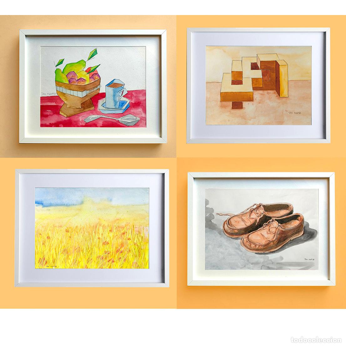 Arte: Taza cafe, Construccion, Campos trigo, Zapatos. 32 x 42. CUATRO obras originales firmadas