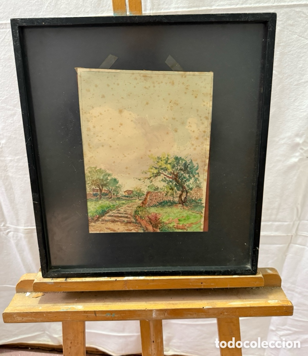 Arte: Acuarela paisaje rural firmada Castellanos. Escuela espa&ntilde;ola siglo XX