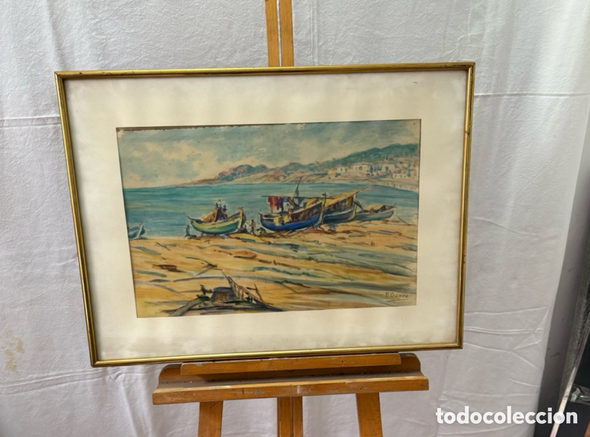 Arte: Pere Gorro Costa acuarela pintada a mano firmada paisaje marino con barcas escuela catalana
