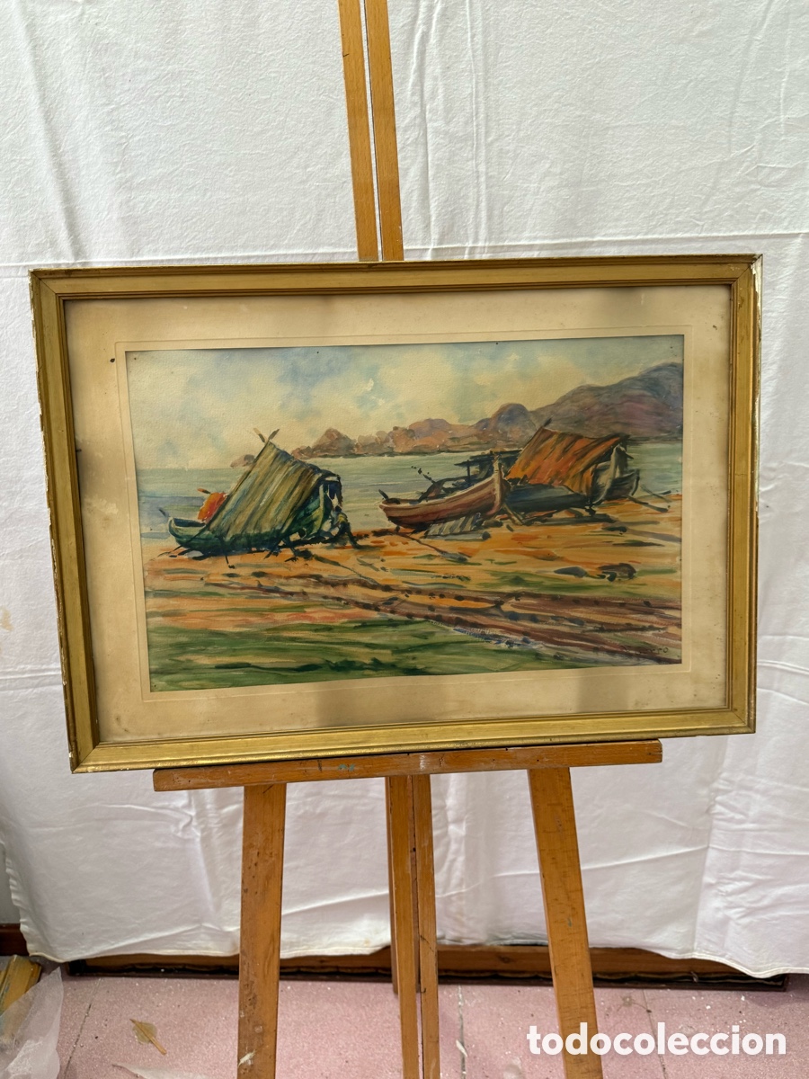 Arte: Pere Gorro Costa acuarela escena calle enmarcada escuela catalana