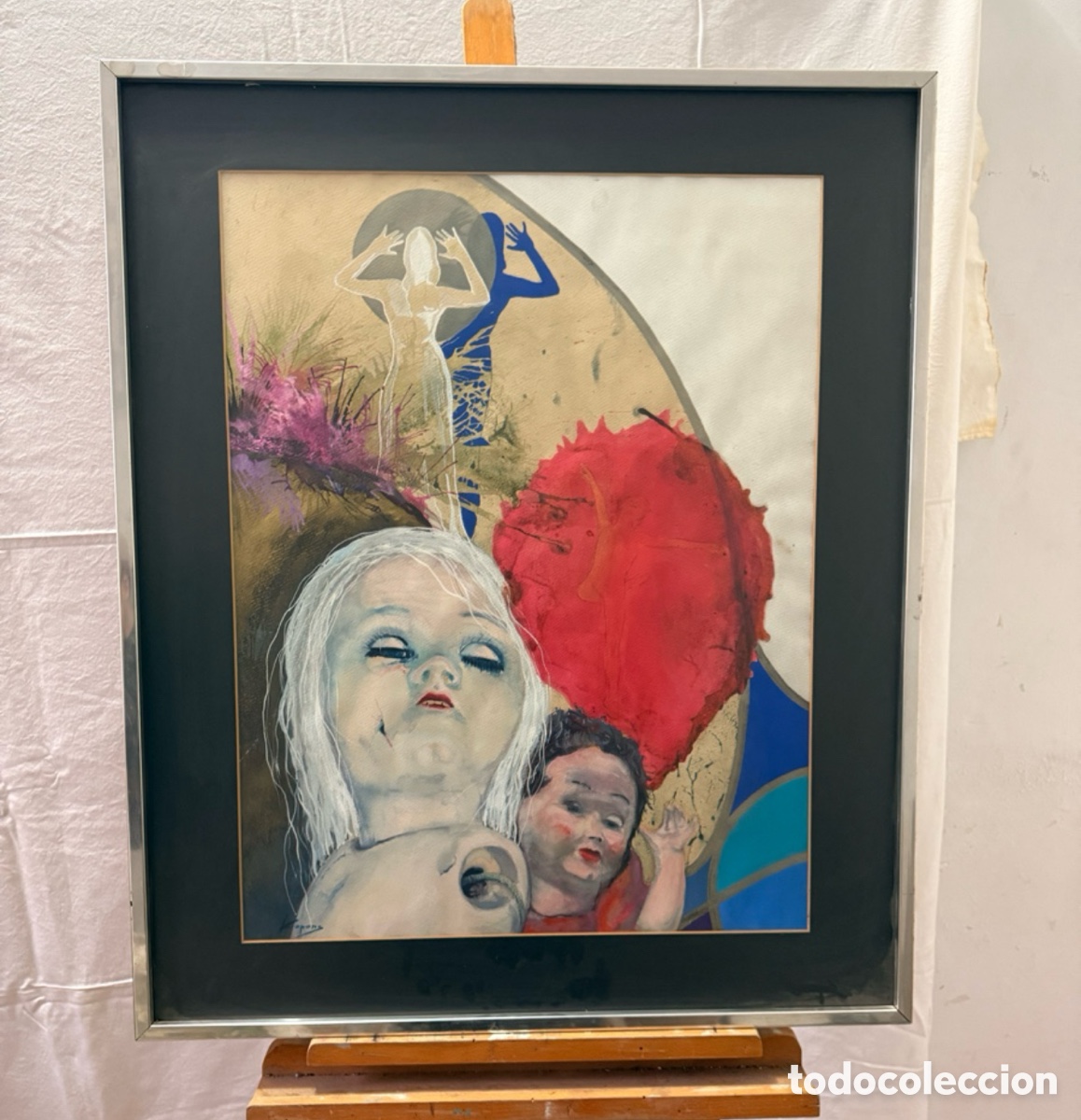 Arte: Joan Copons 1942 acuarela surrealista figuras composici&oacute;n simb&oacute;lica firmada . (80x67 cm)