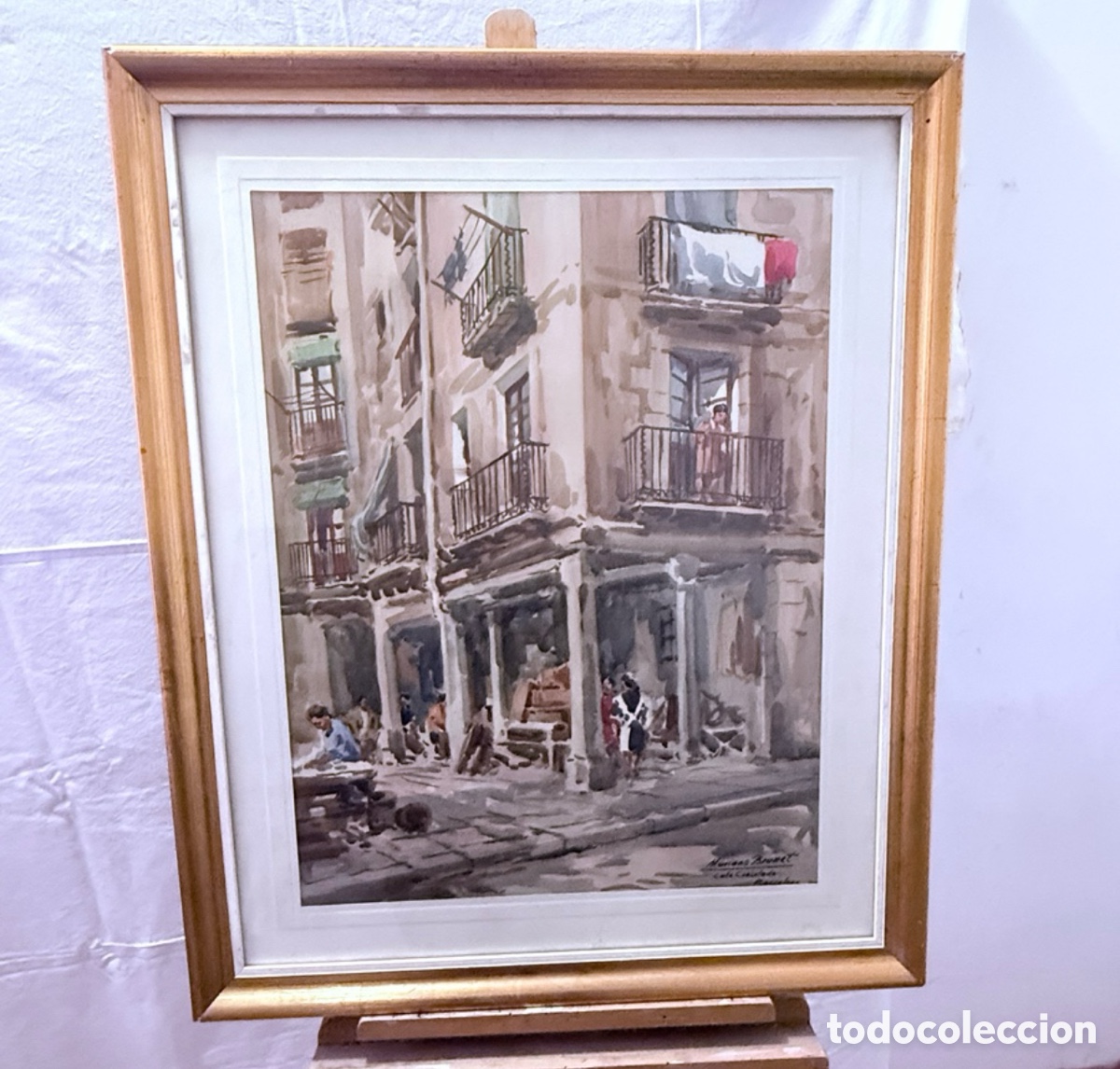 Arte: Mariano Brunet acuarela firmada Calle Consulado Barcelona escena urbana