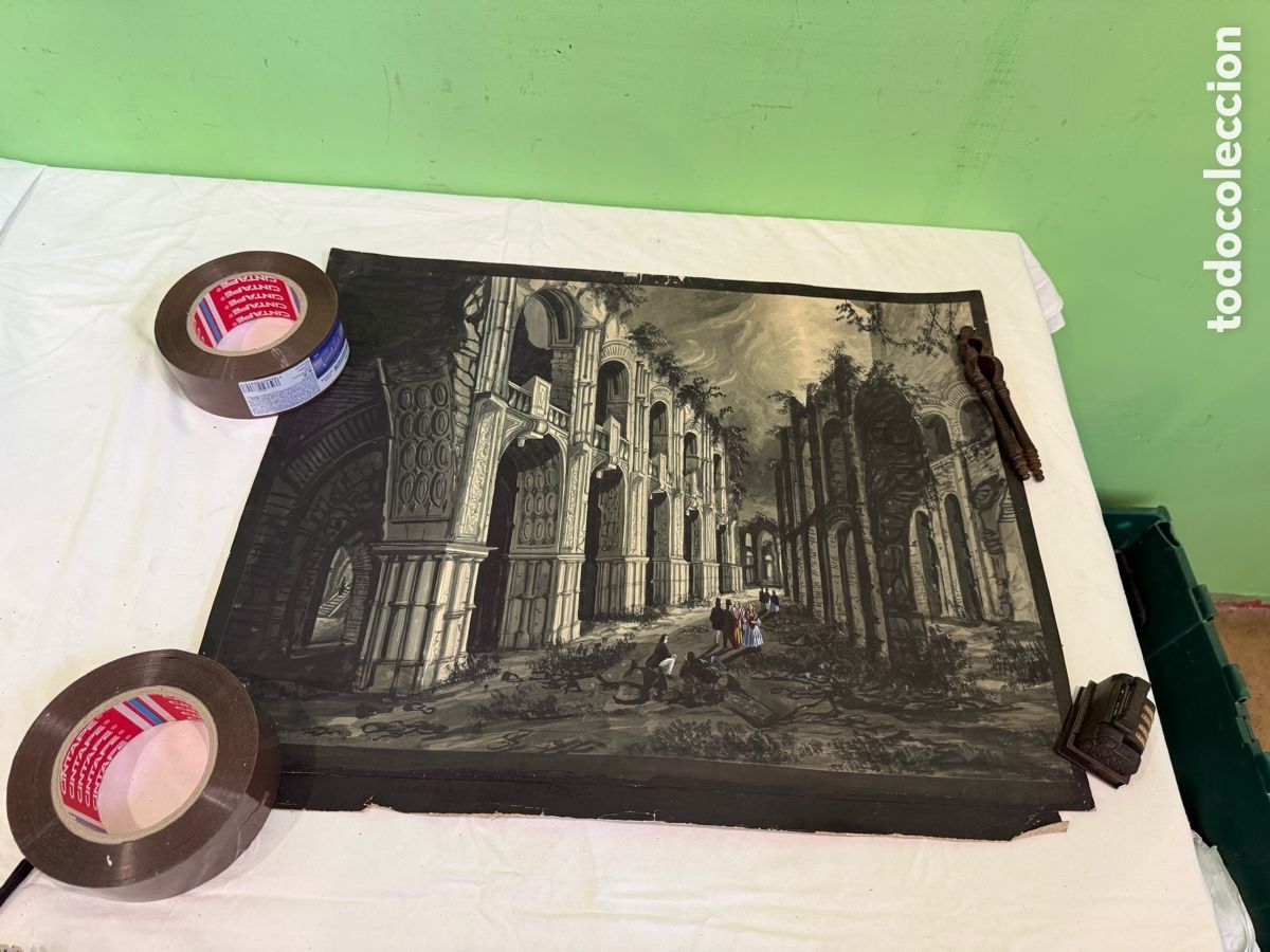 Arte: Acuarela escenogr&aacute;fica Palacio Viliam Inglaterra boceto teatral siglo XX 57x47 cm