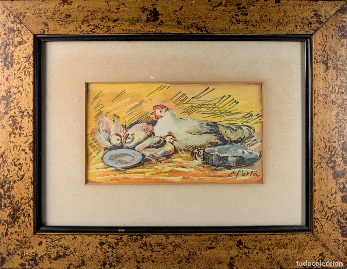 Arte: ''Gouache'' de Enric Porta i Mestre &ndash; &rdquo;Gallinas&rdquo;