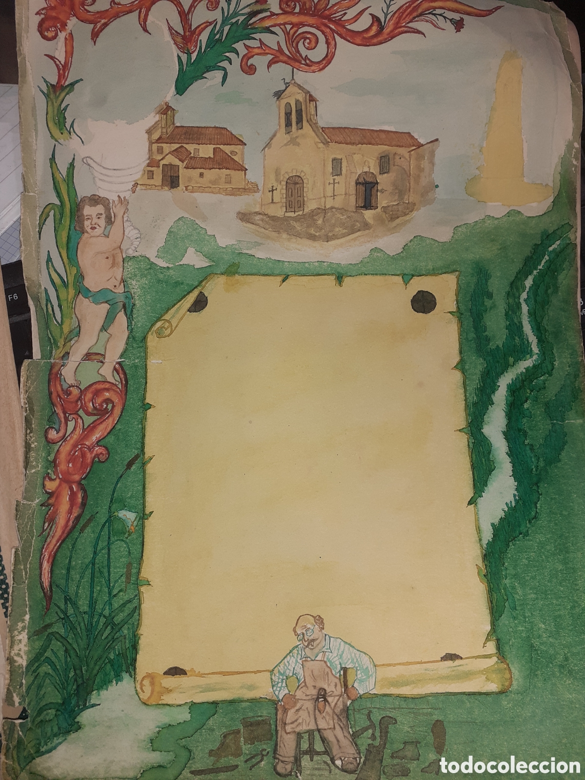 Arte: ANTIGUA ACUARELA. ZAMORA. IG&Ntilde;ESIAS SAN FRONTIS, SEPULCRO Y UN ZAPATERO. ORLAS. HACIA 1950